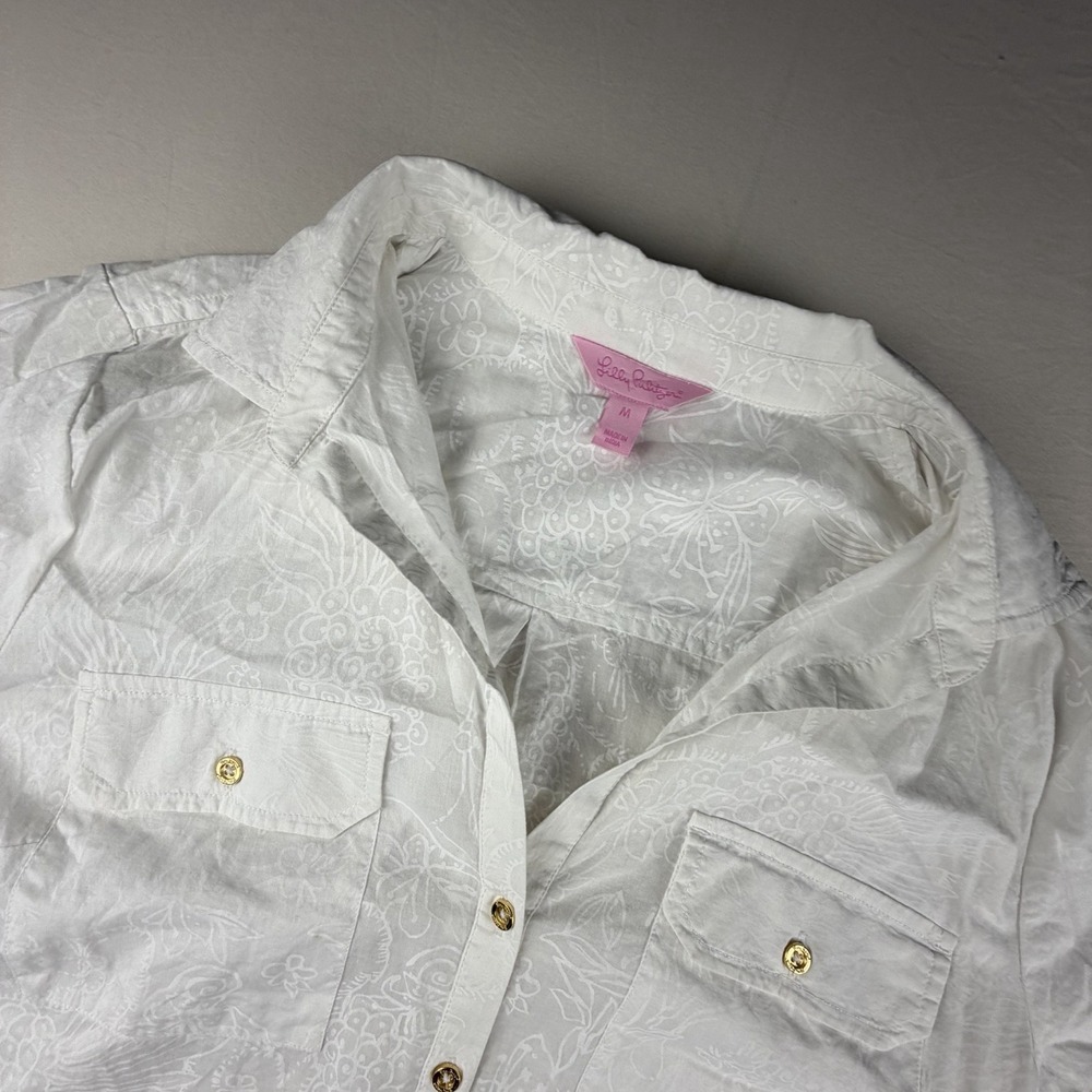 Lily Pulitzer Sz Med White Embodied Tunic Top Blouse Pom Pom Trim Poplin 0011